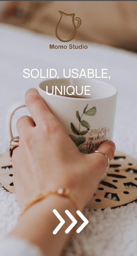 template preview hand holding mug with title text 'Solid, Usable, Unique'